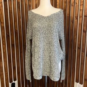 Black & White textured knit Sweater with brown suede elbow patches